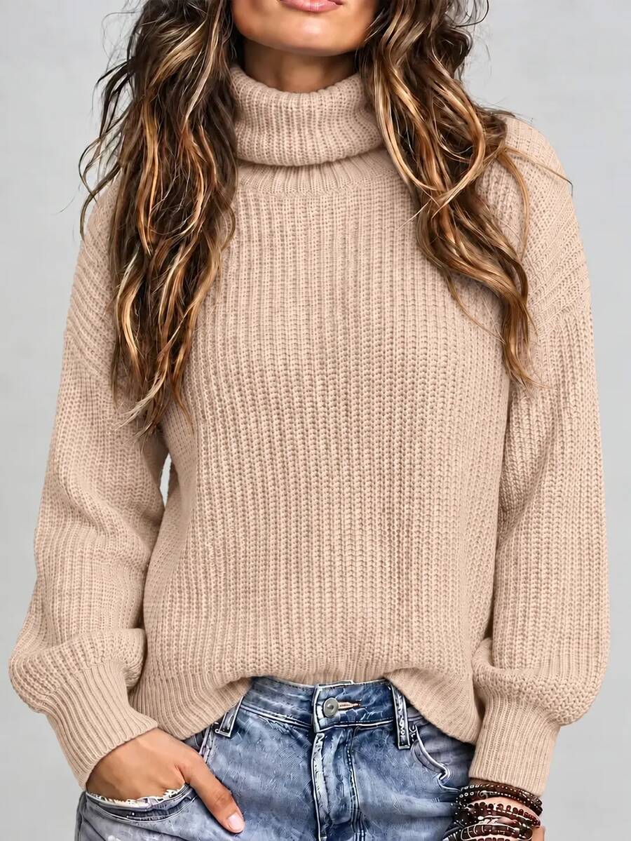 Wilhelmina Rib Knit Turtleneck Drop Shoulder Pullover Sweater - Light Grey