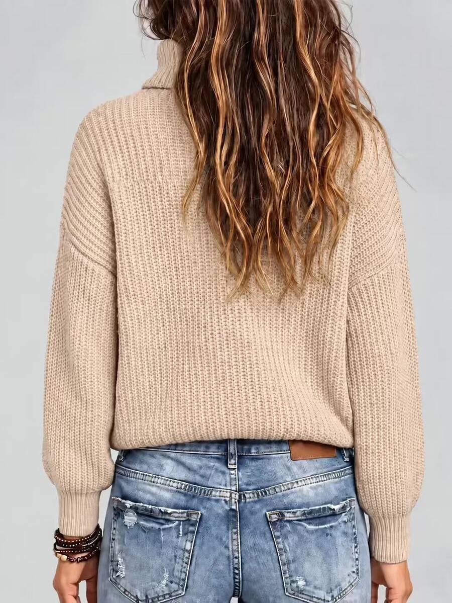 Wilhelmina Rib Knit Turtleneck Drop Shoulder Pullover Sweater - Dark Green
