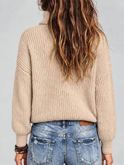 Wilhelmina Rib Knit Turtleneck Drop Shoulder Pullover Sweater - Dark Green