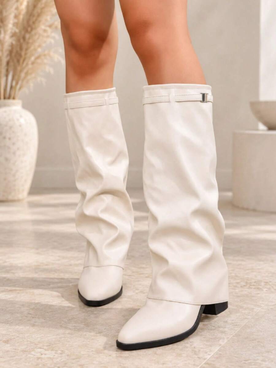 Spello Fold Over Knee High Boots with Pointed Toe – Women's Pleated Faux Leather Slouch Dress Boots with Block Heel Mensa