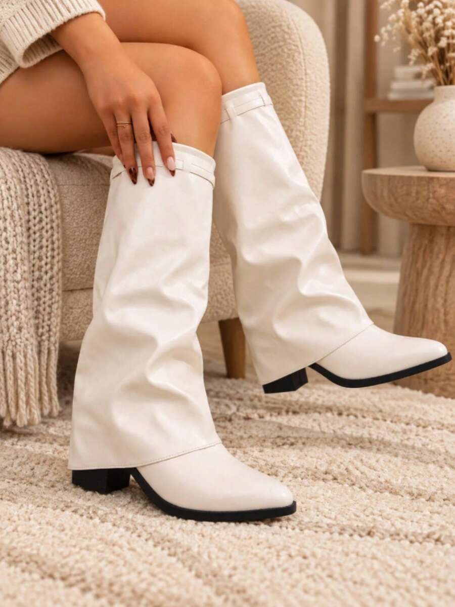Spello Fold Over Knee High Boots with Pointed Toe – Women's Pleated Faux Leather Slouch Dress Boots with Block Heel Mensa