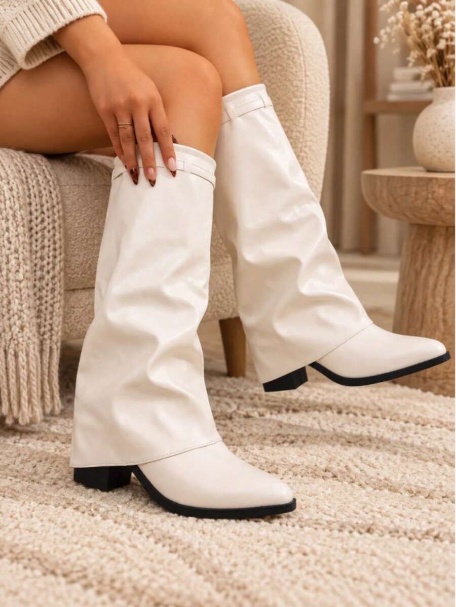 Spello Fold Over Knee High Boots with Pointed Toe – Women's Pleated Faux Leather Slouch Dress Boots with Block Heel Mensa