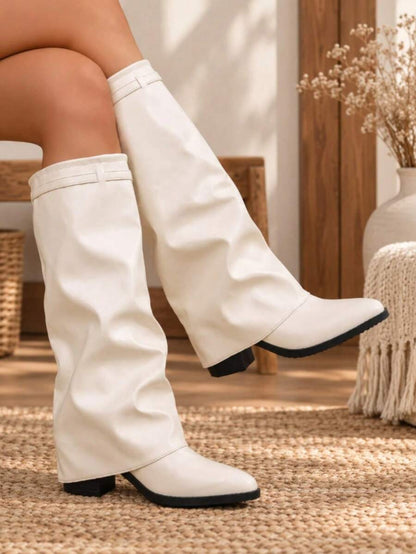 Spello Fold Over Knee High Boots with Pointed Toe – Women's Pleated Faux Leather Slouch Dress Boots with Block Heel Mensa