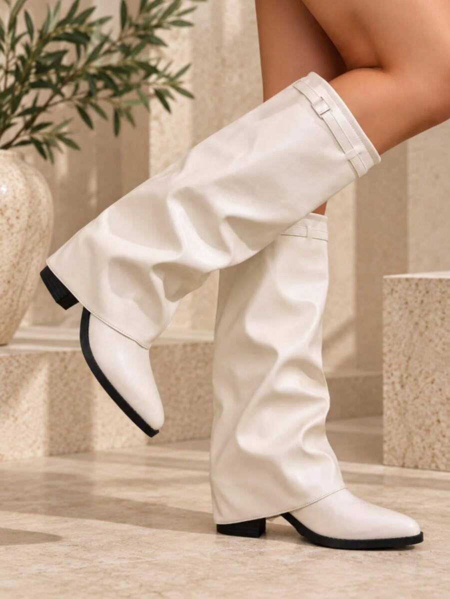 Spello Fold Over Knee High Boots with Pointed Toe – Women's Pleated Faux Leather Slouch Dress Boots with Block Heel Mensa