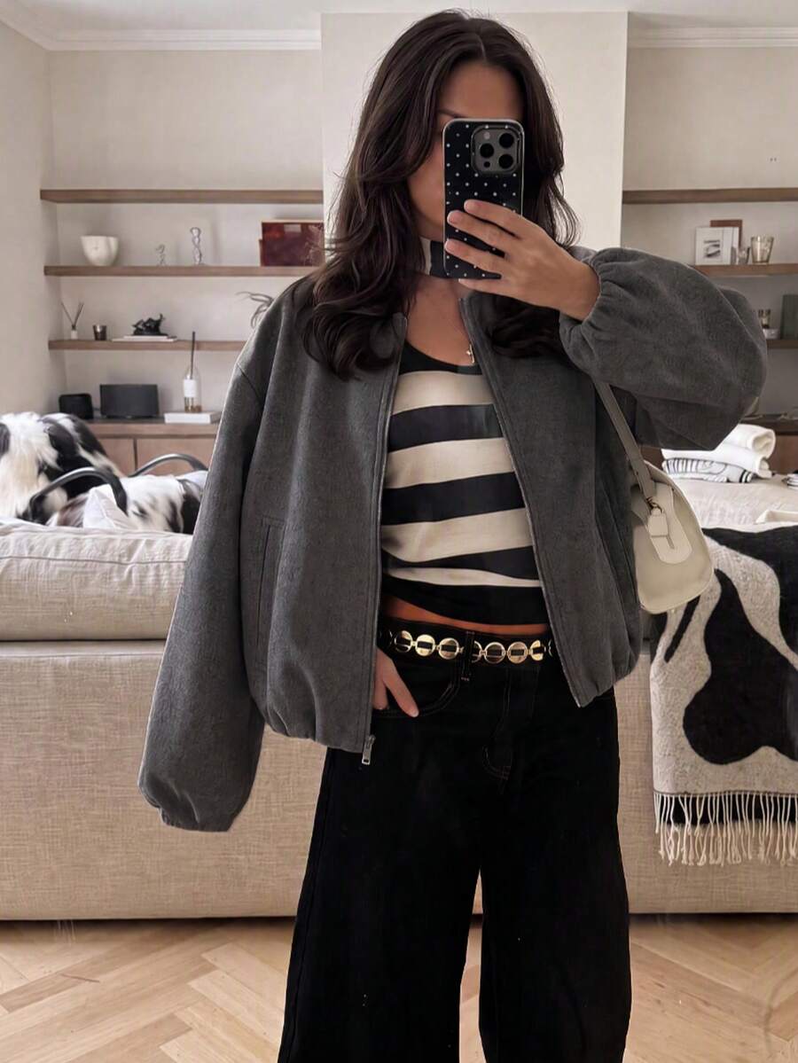 Lillehammer Wool Look Zip Up Cropped Bomber Jacket
