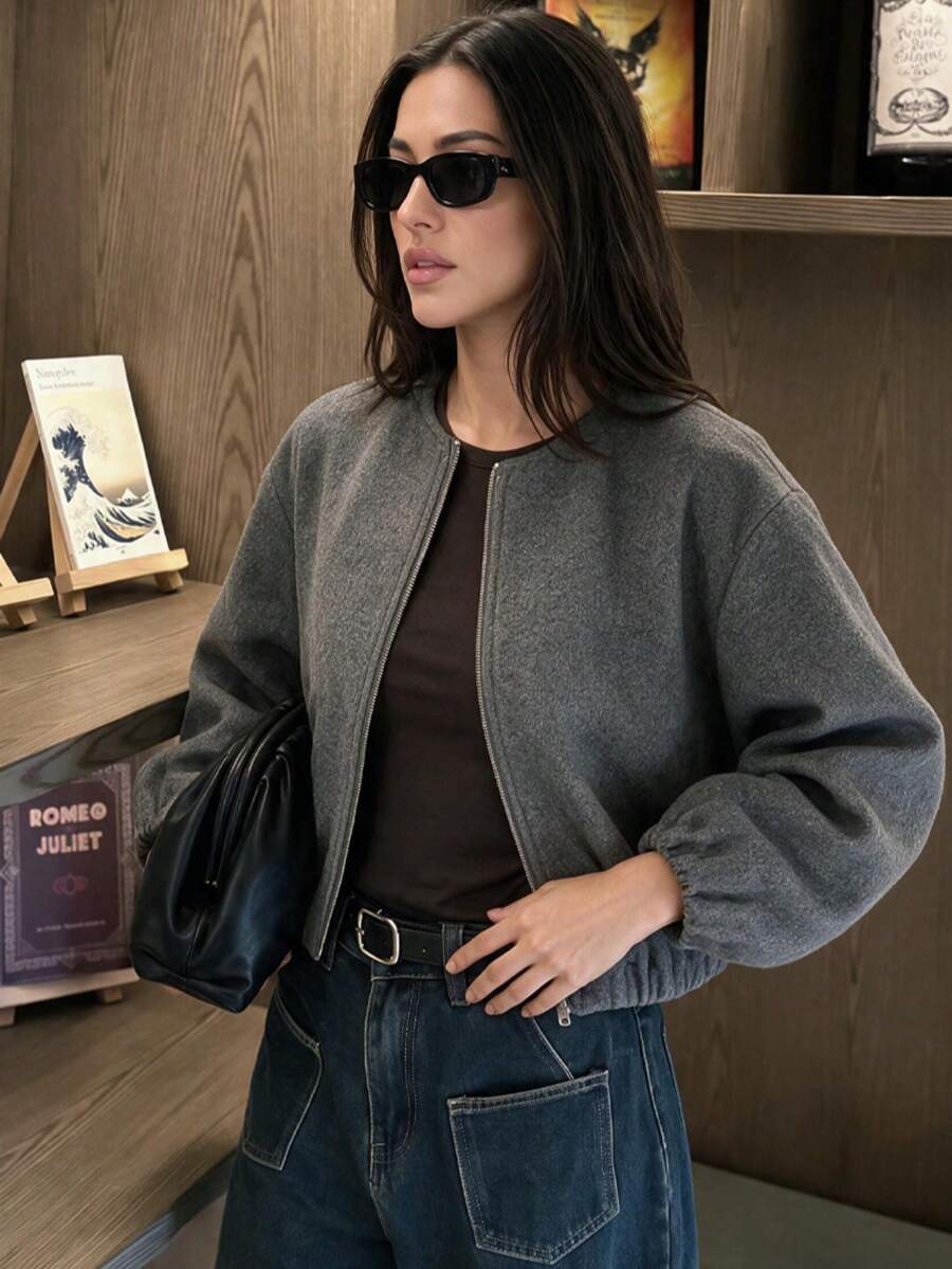 Lillehammer Wool Look Zip Up Cropped Bomber Jacket
