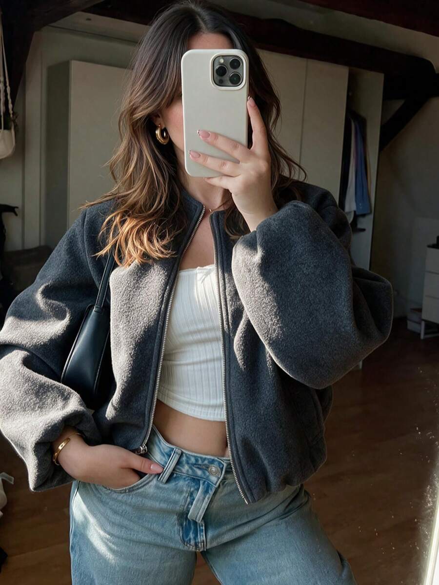 Lillehammer Wool Look Zip Up Cropped Bomber Jacket - Grey
