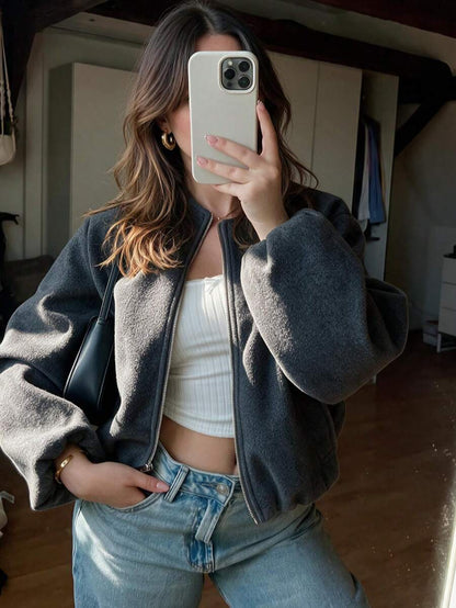Lillehammer Wool Look Zip Up Cropped Bomber Jacket - Grey