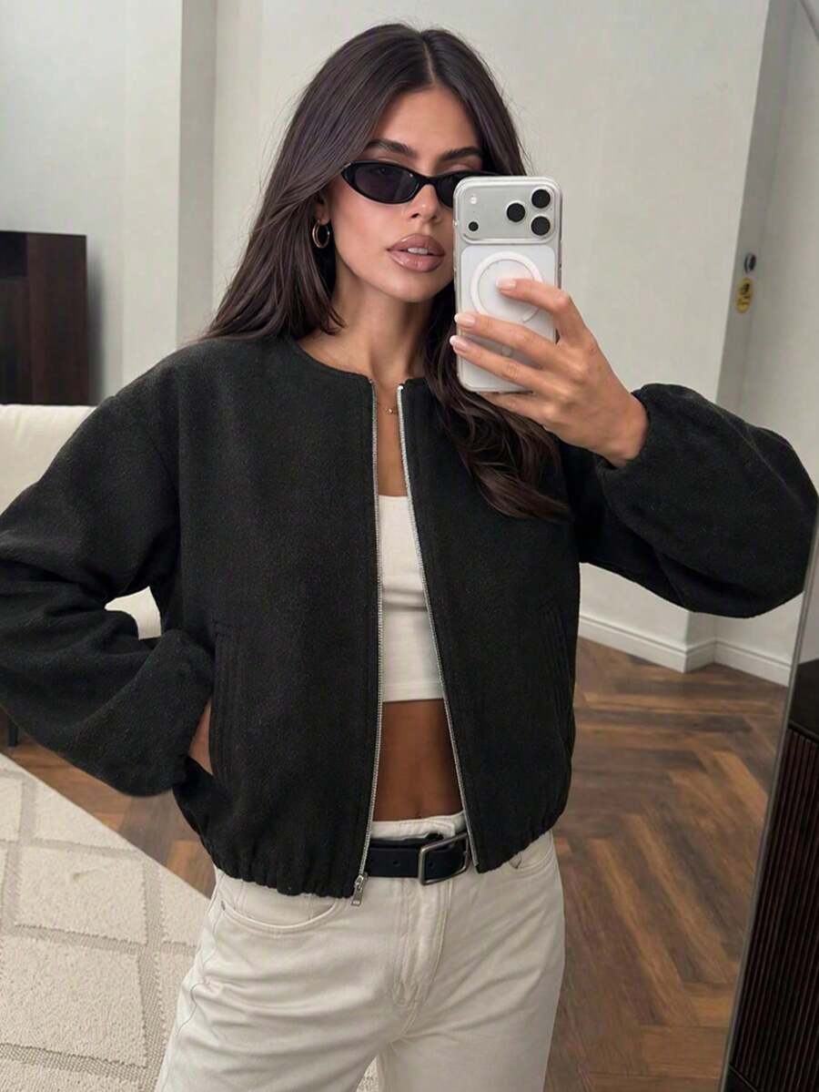 Lillehammer Wool Look Zip Up Cropped Bomber Jacket