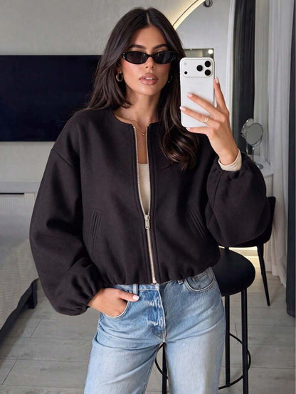 Lillehammer Wool Look Zip Up Cropped Bomber Jacket
