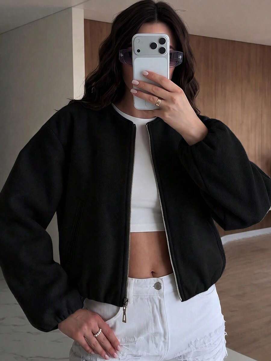 Lillehammer Wool Look Zip Up Cropped Bomber Jacket