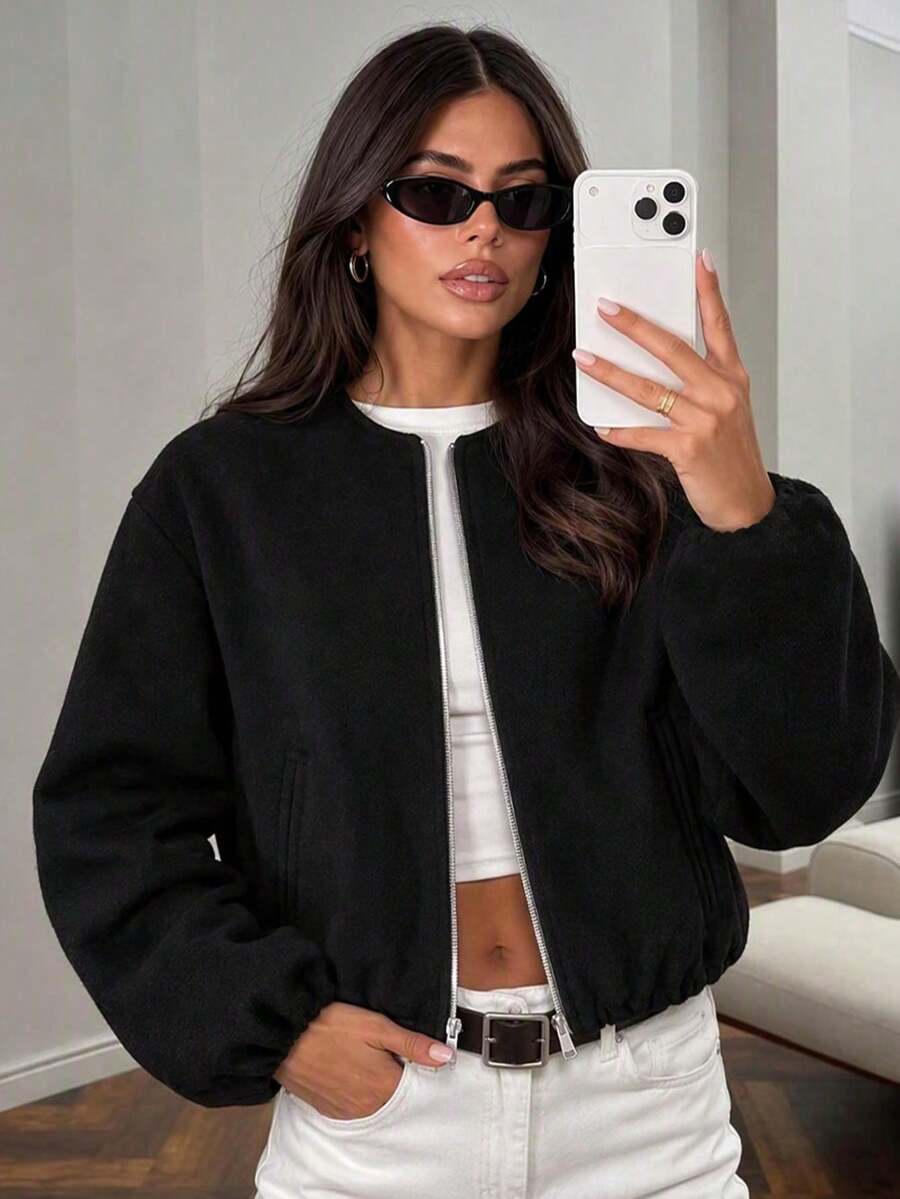 Lillehammer Wool Look Zip Up Cropped Bomber Jacket
