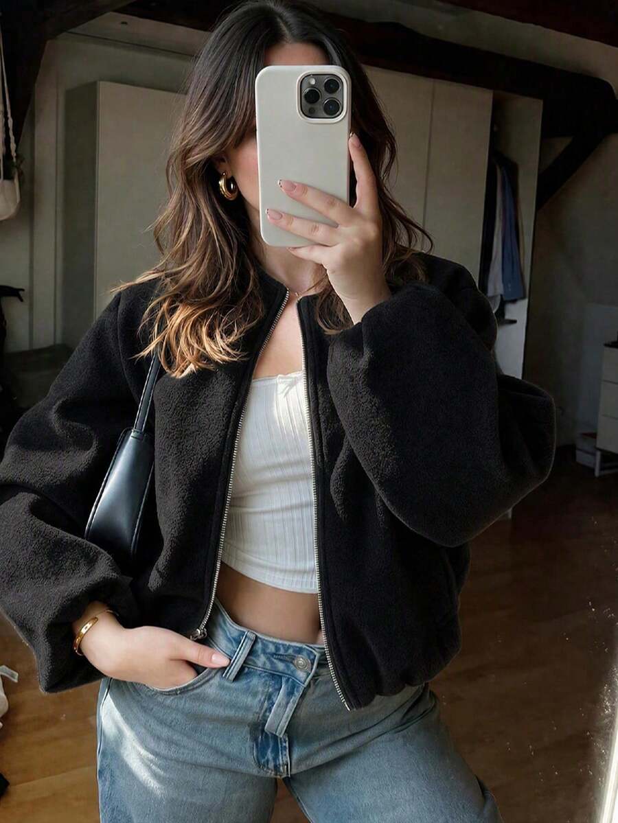 Lillehammer Wool Look Zip Up Cropped Bomber Jacket - Black