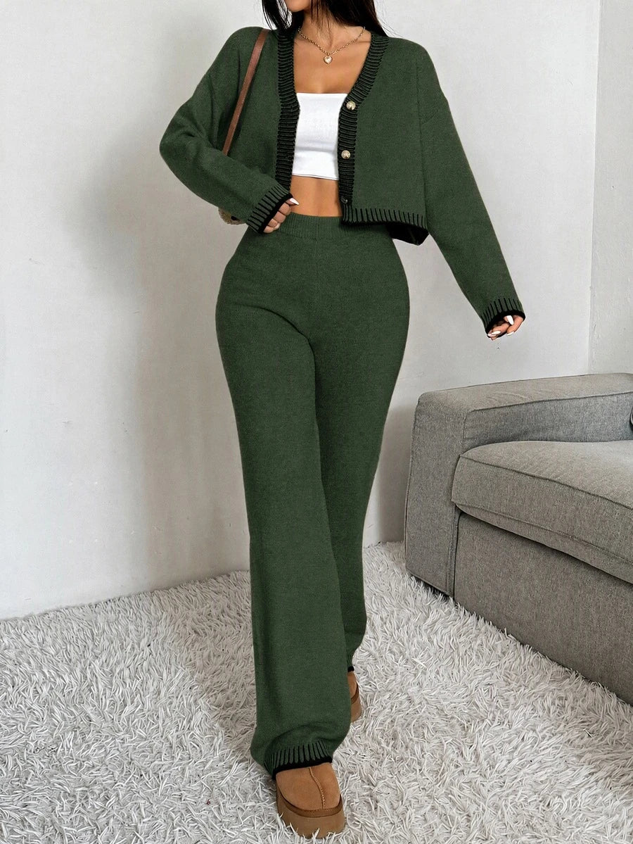 Domenica Contrast Trim Cropped Cardigan and Knit Pants Set - Light Grey