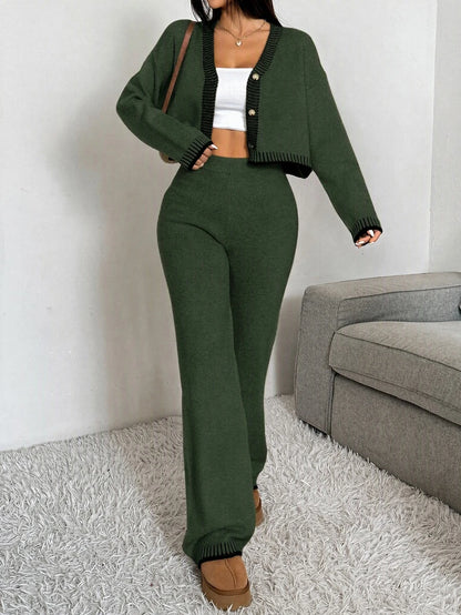 Domenica Contrast Trim Cropped Cardigan and Knit Pants Set - Light Grey
