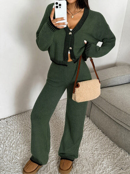 Domenica Contrast Trim Cropped Cardigan and Knit Pants Set - Burgundy
