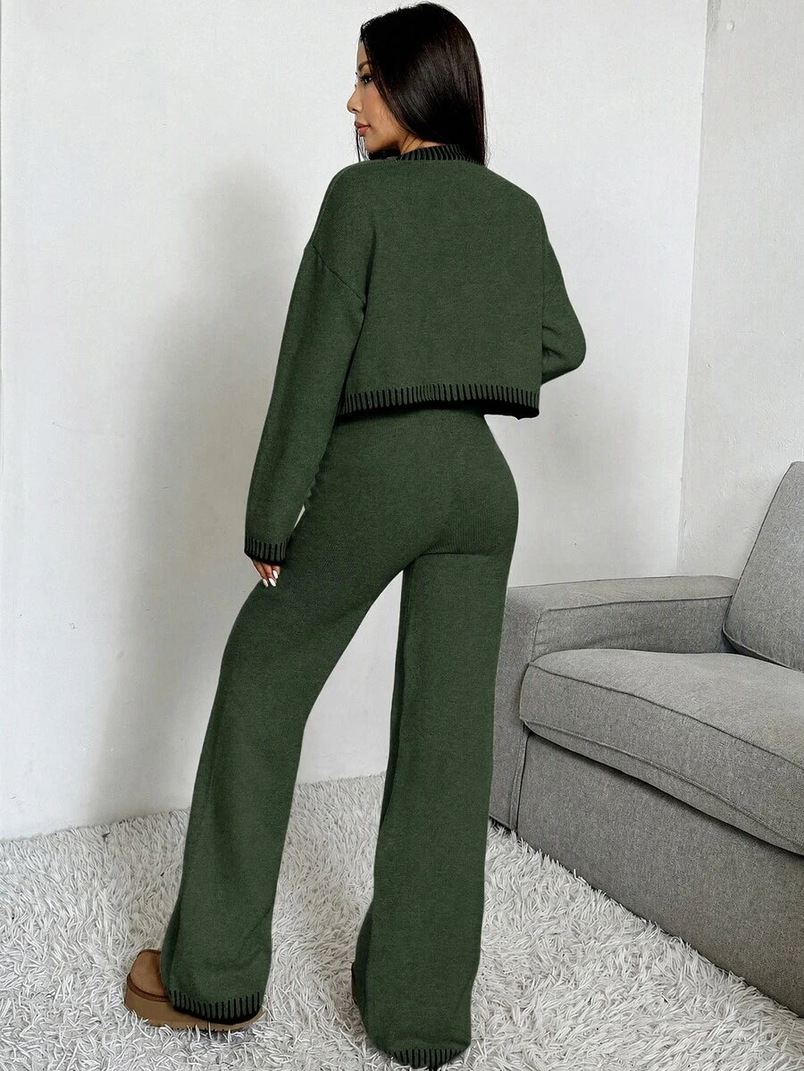 Domenica Contrast Trim Cropped Cardigan and Knit Pants Set - Brown