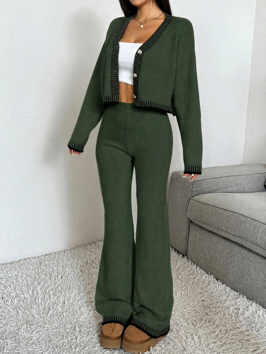 Domenica Contrast Trim Cropped Cardigan and Knit Pants Set - Khaki