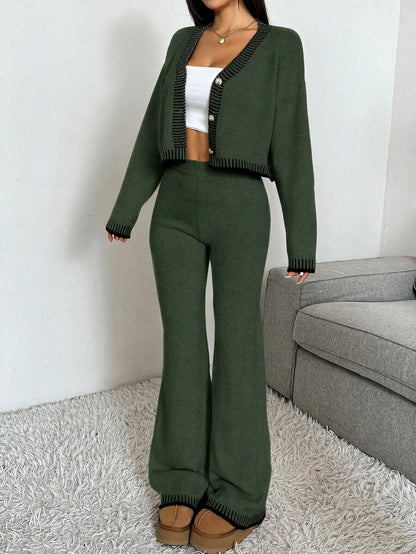 Domenica Contrast Trim Cropped Cardigan and Knit Pants Set - Khaki