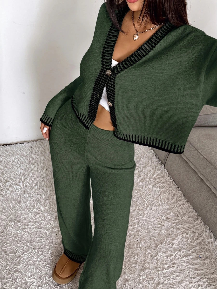Domenica Contrast Trim Cropped Cardigan and Knit Pants Set - Army Green