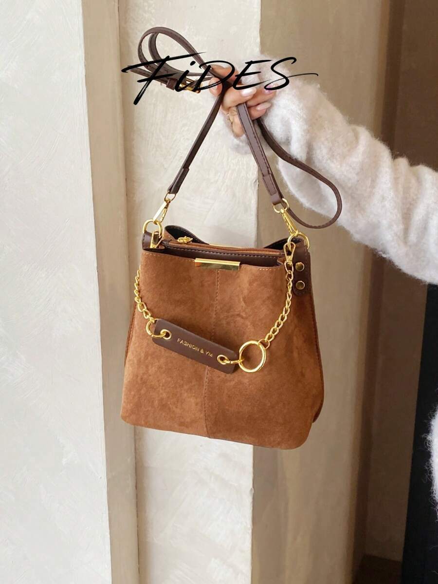 Lausanne Suede Look Bucket Bag with Wide Shoulder Strap