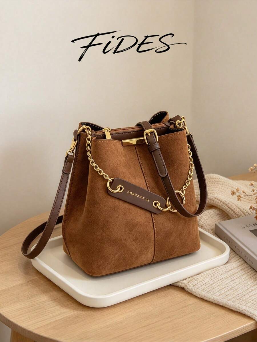 Lausanne Suede Look Bucket Bag with Wide Shoulder Strap