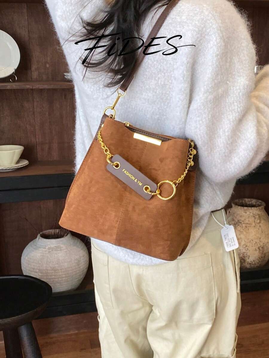 Lausanne Suede Look Bucket Bag with Wide Shoulder Strap