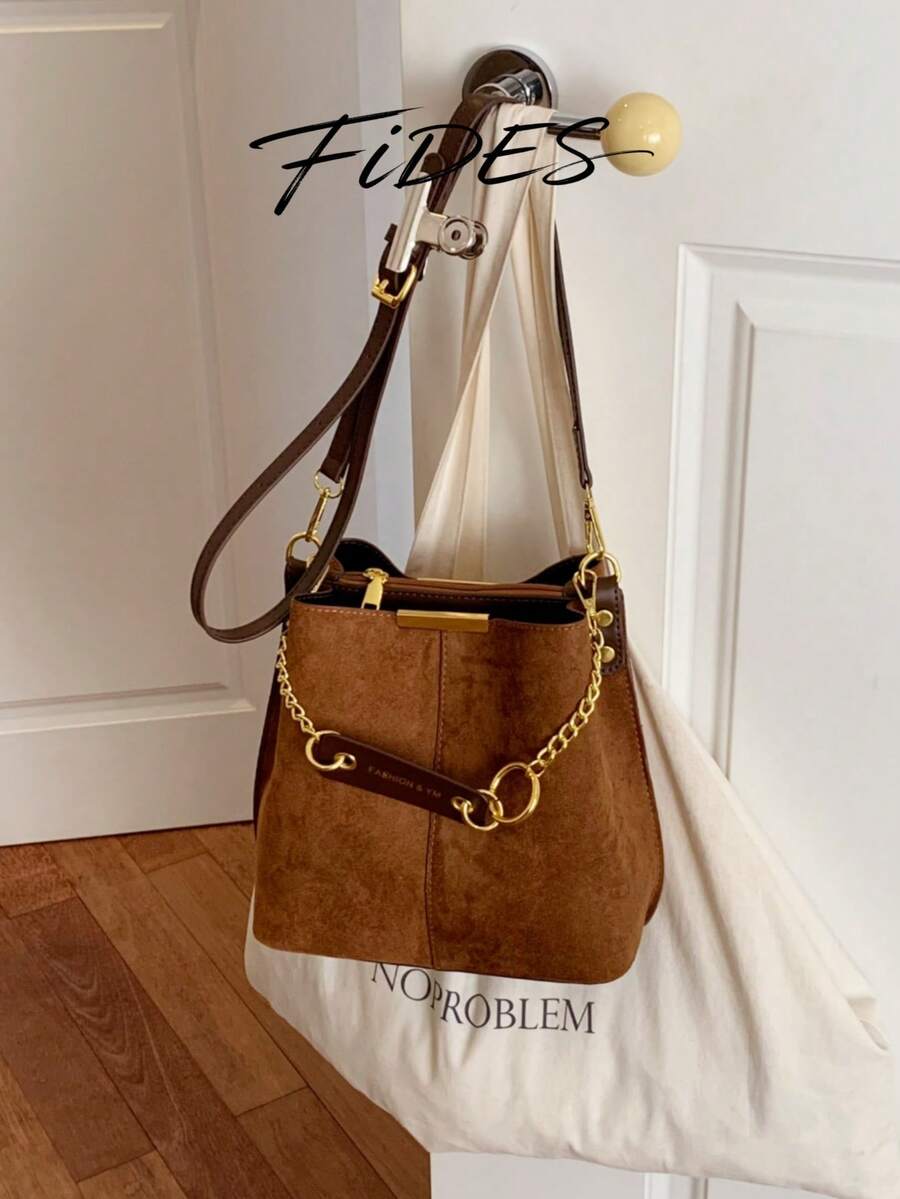 Lausanne Suede Look Bucket Bag with Wide Shoulder Strap