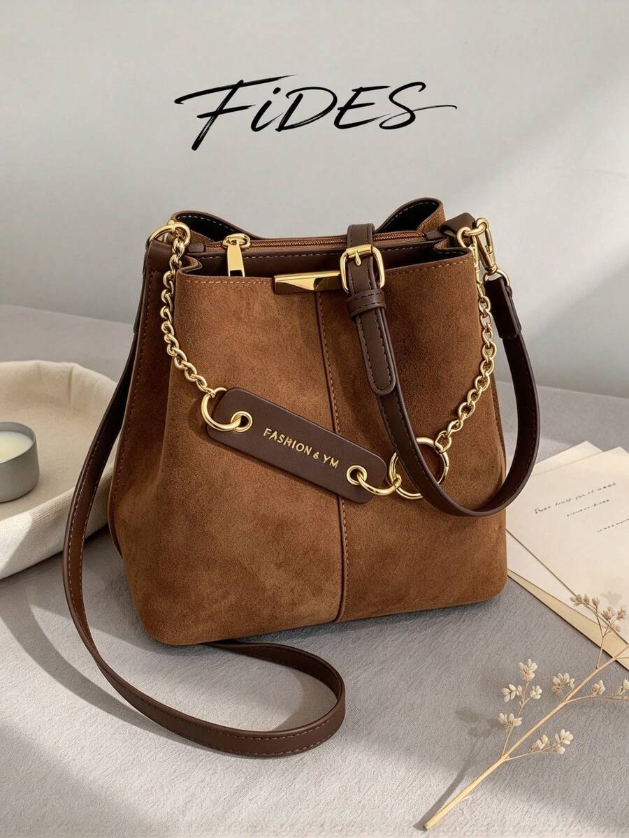 Lausanne Suede Look Bucket Bag with Wide Shoulder Strap