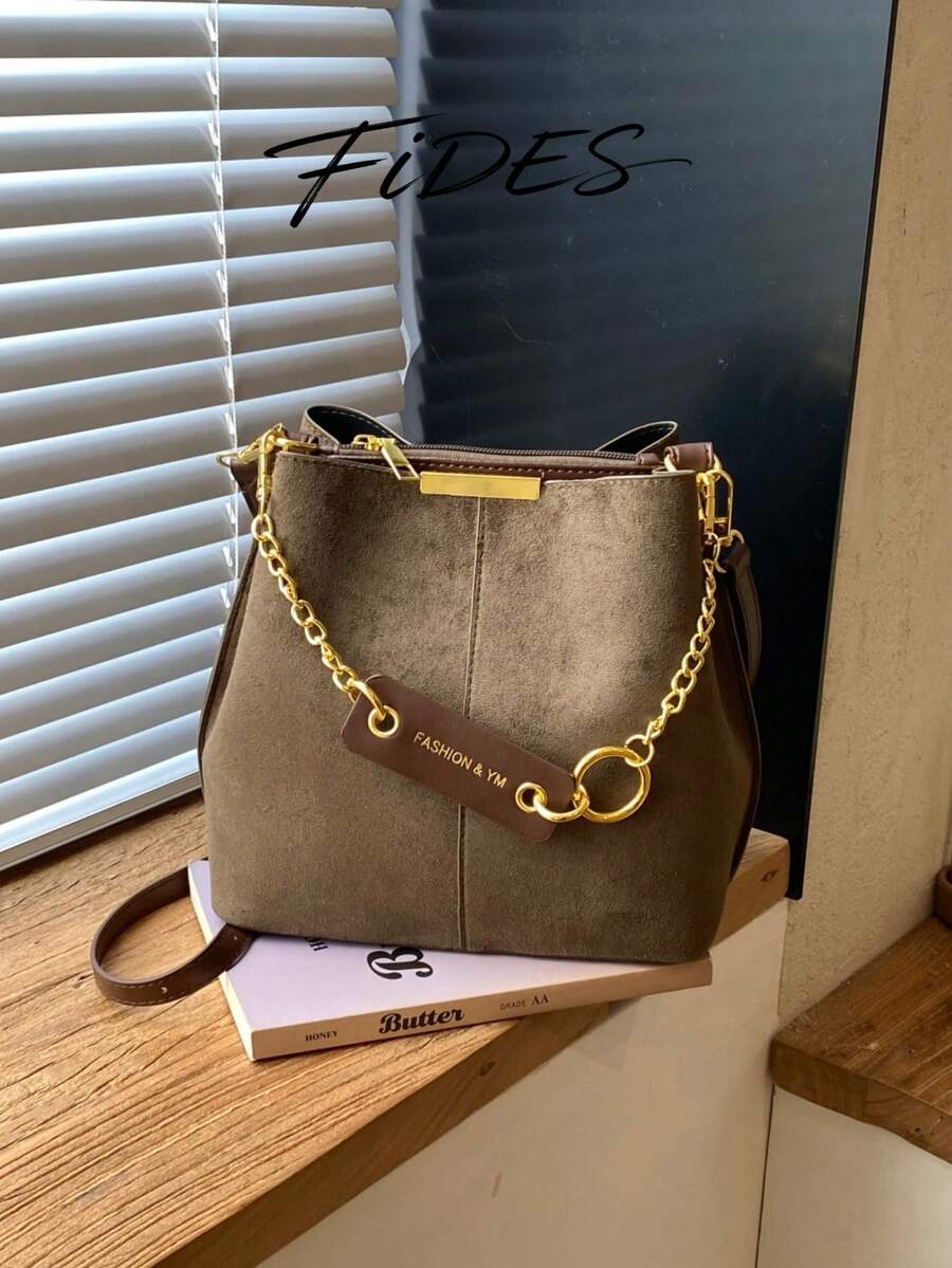 Lausanne Suede Look Bucket Bag with Wide Shoulder Strap