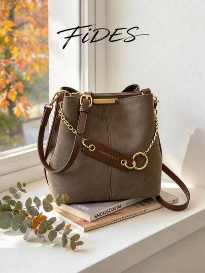 Lausanne Suede Look Bucket Bag with Wide Shoulder Strap