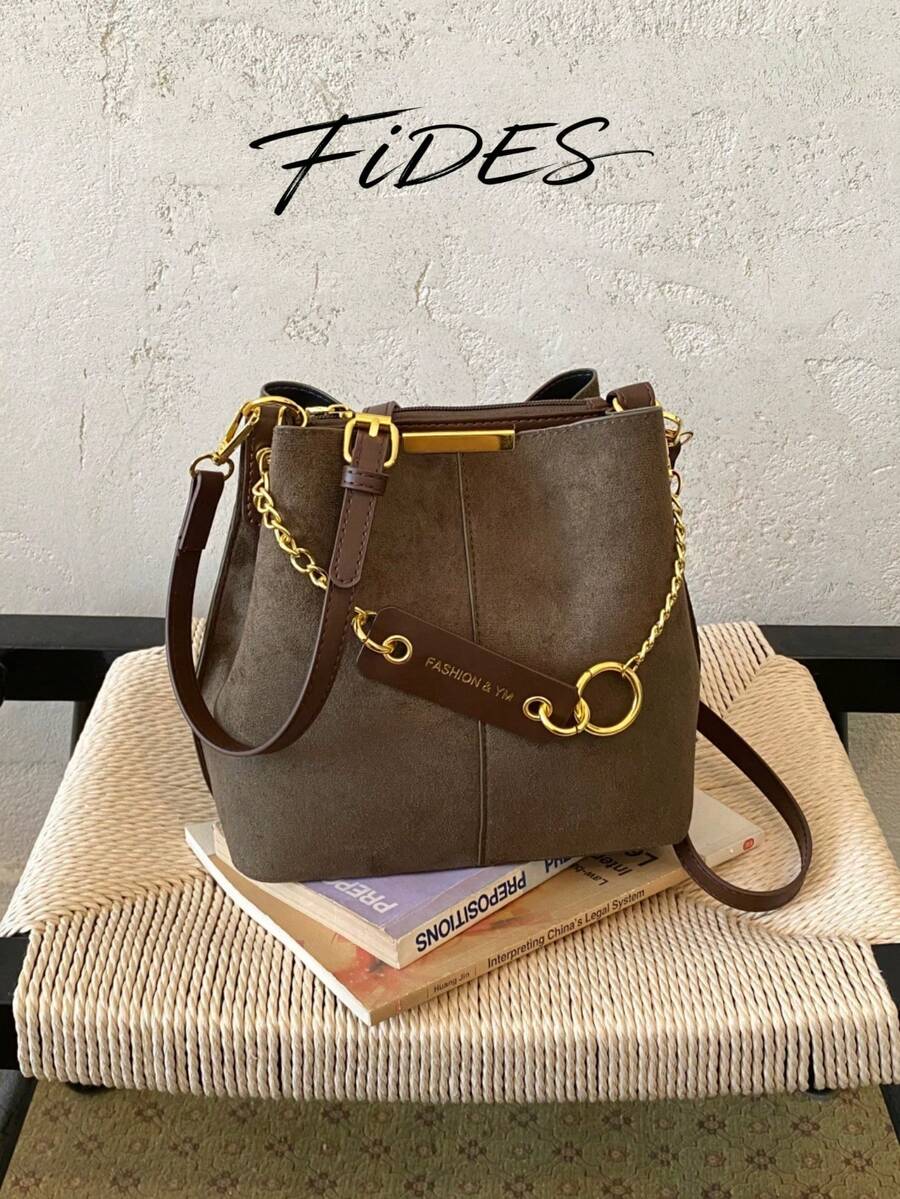 Lausanne Suede Look Bucket Bag with Wide Shoulder Strap