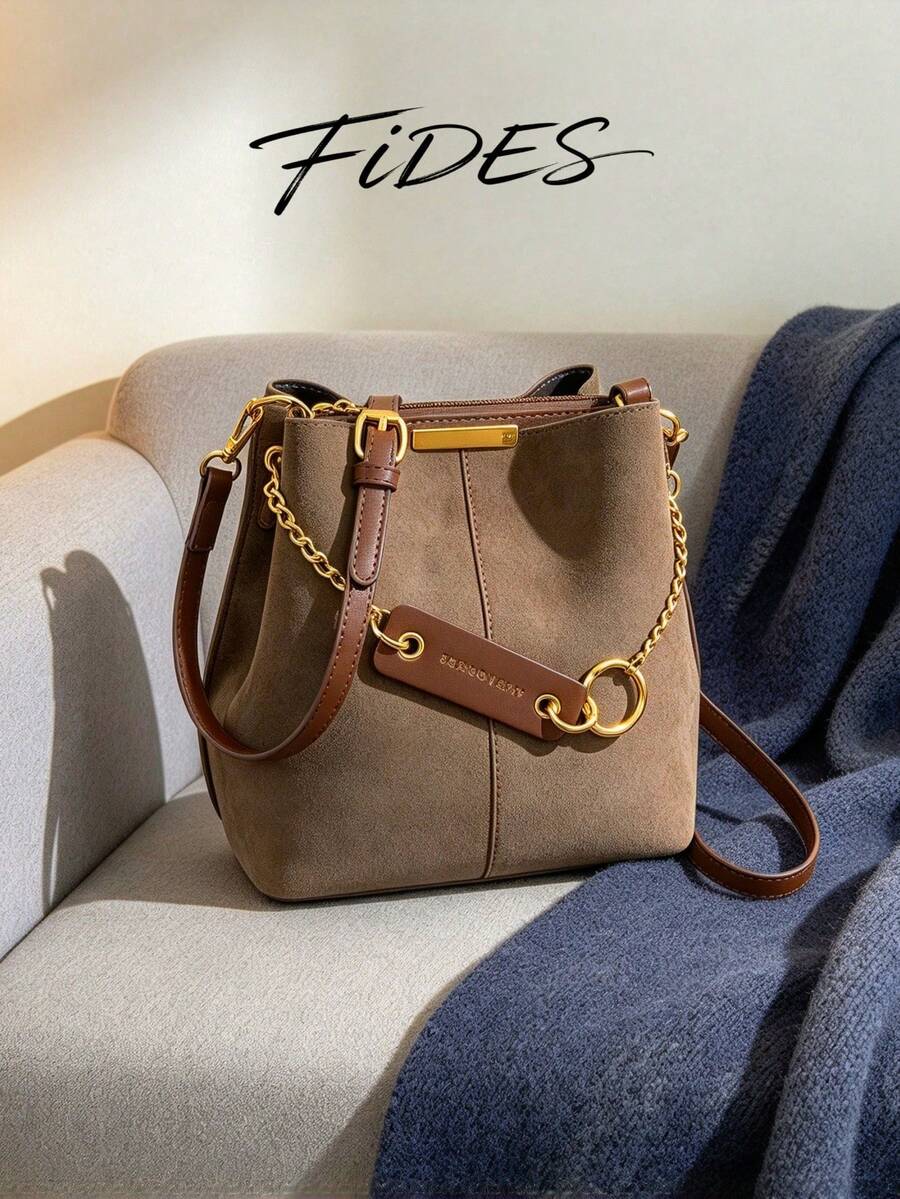 Lausanne Suede Look Bucket Bag with Wide Shoulder Strap