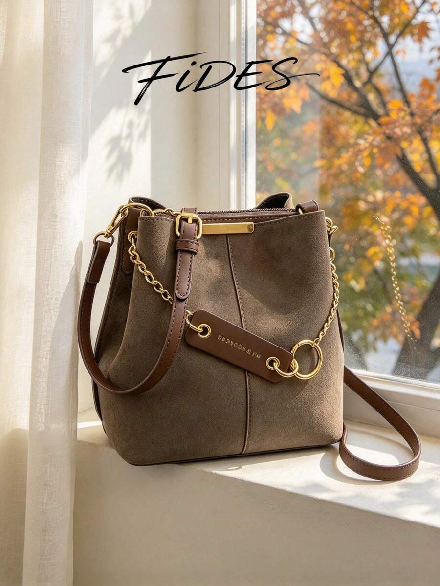 Lausanne Suede Look Bucket Bag with Wide Shoulder Strap
