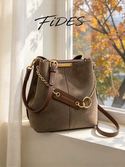 Lausanne Suede Look Bucket Bag with Wide Shoulder Strap