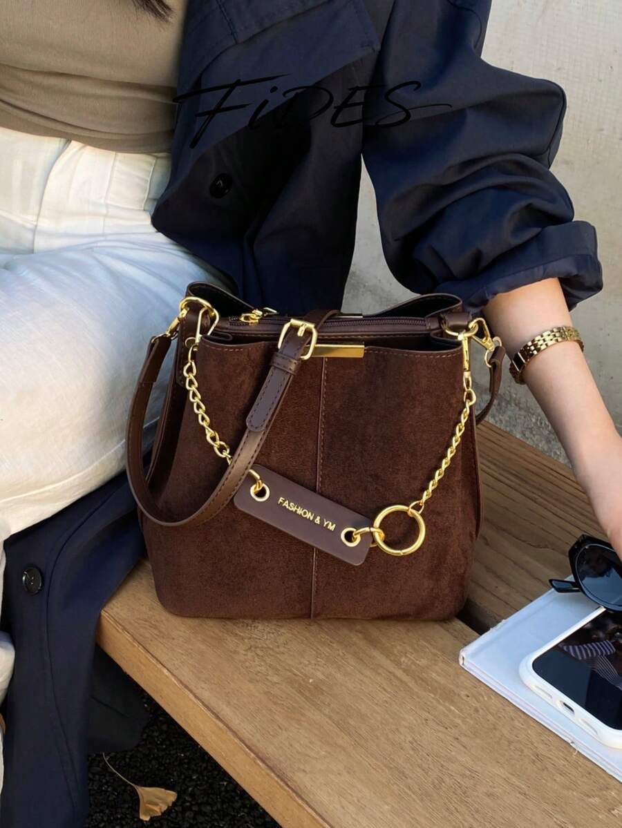 Lausanne Suede Look Bucket Bag with Wide Shoulder Strap