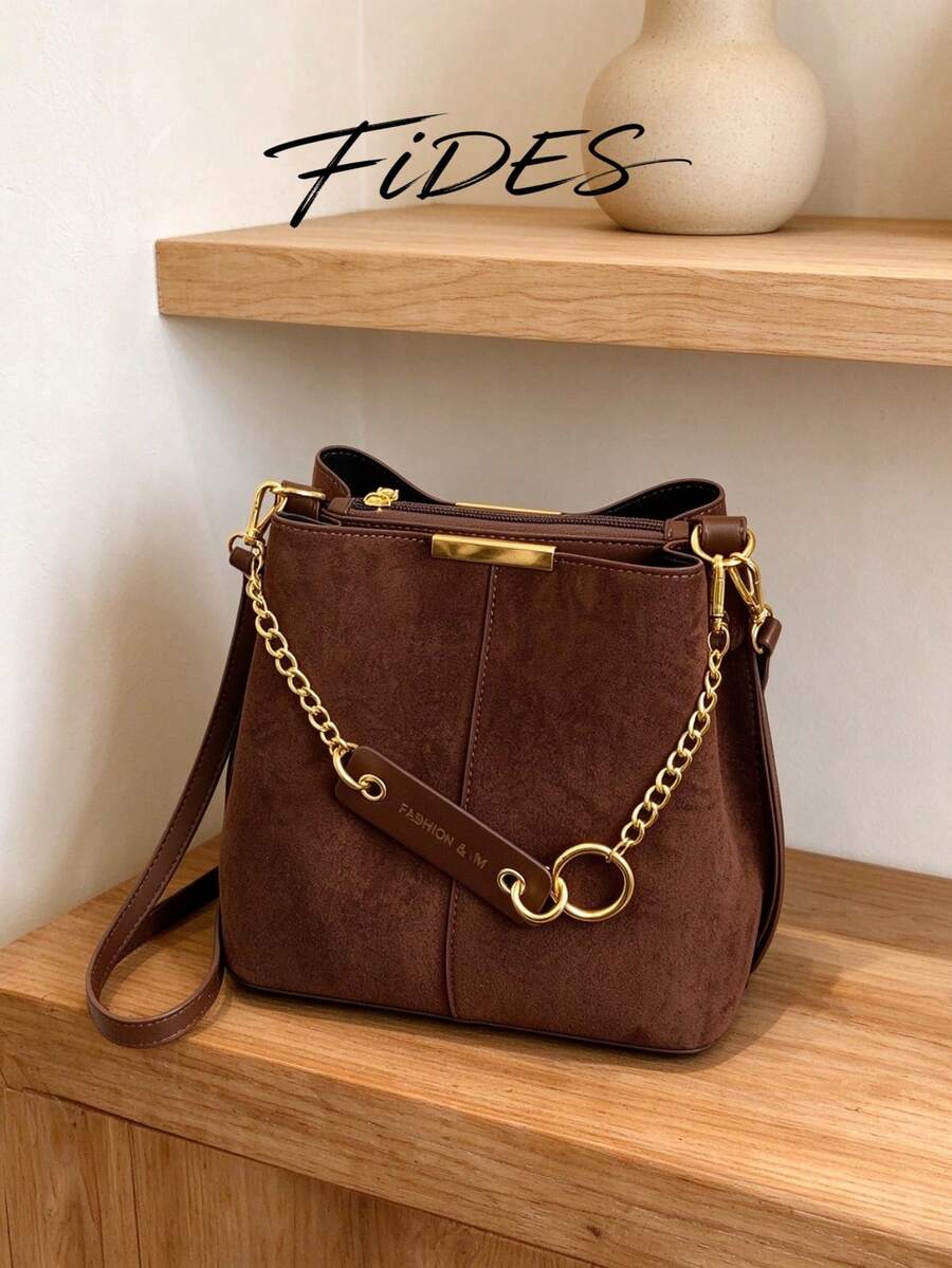 Lausanne Suede Look Bucket Bag with Wide Shoulder Strap
