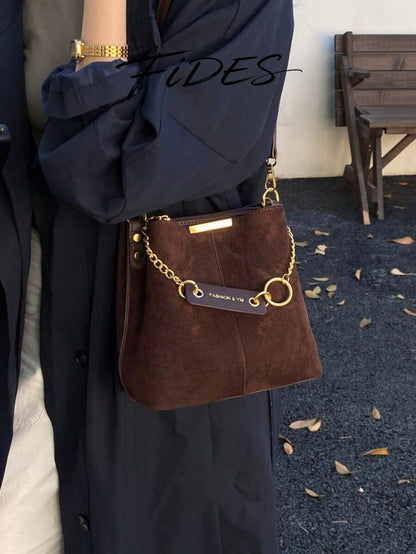 Lausanne Suede Look Bucket Bag with Wide Shoulder Strap