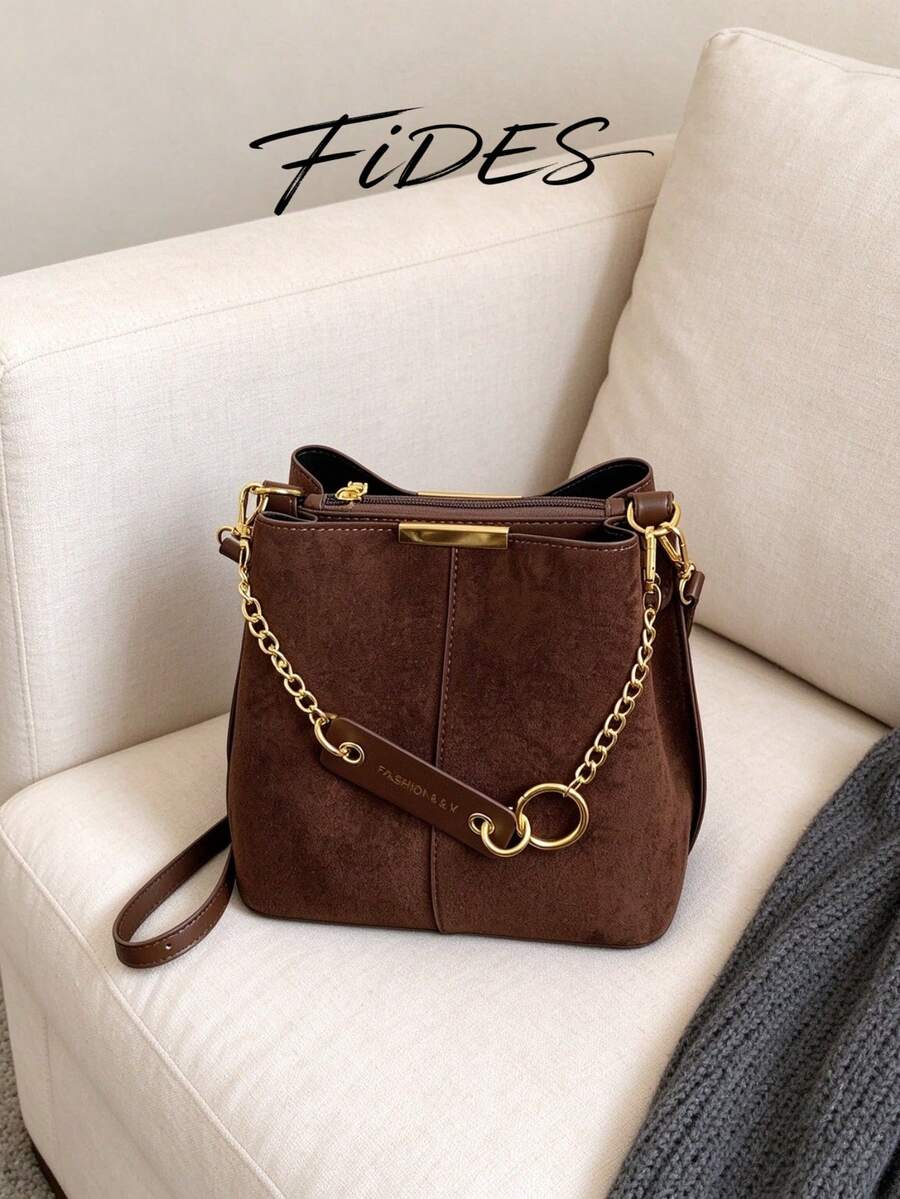 Lausanne Suede Look Bucket Bag with Wide Shoulder Strap