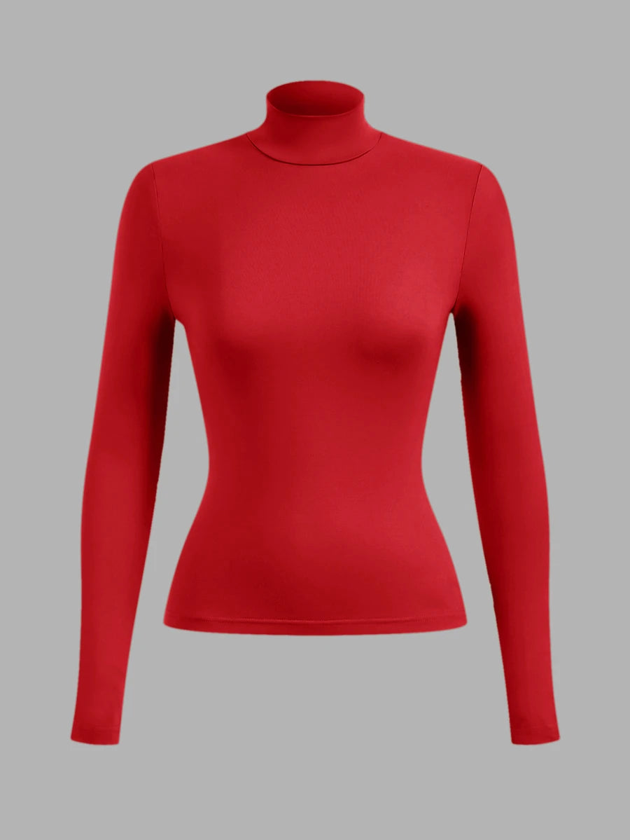 Aberdeen Fleece Lined Thermal Mock Neck Fitted Top - Red