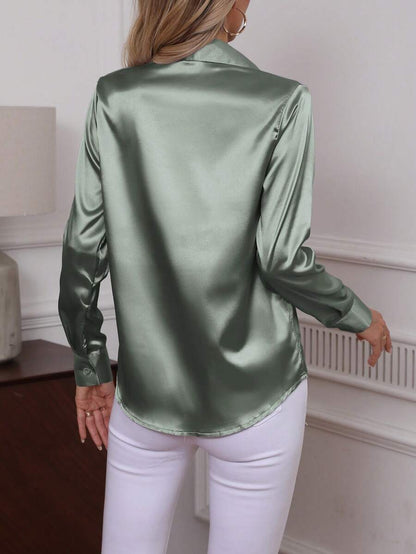 Como Satin Button Up Long Sleeve Blouse