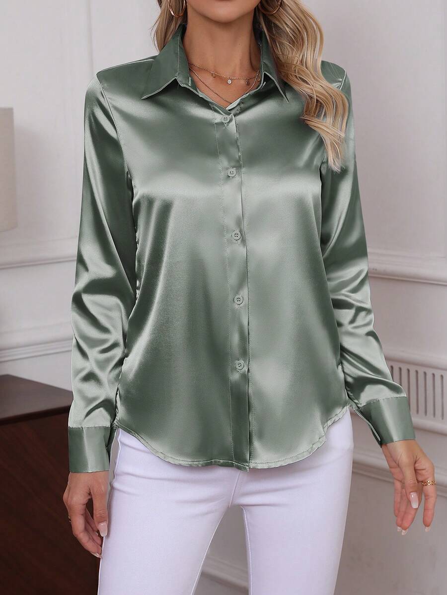 Como Satin Button Up Long Sleeve Blouse