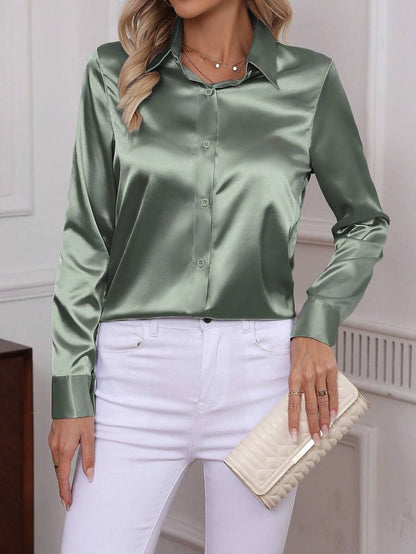 Como Satin Button Up Long Sleeve Blouse