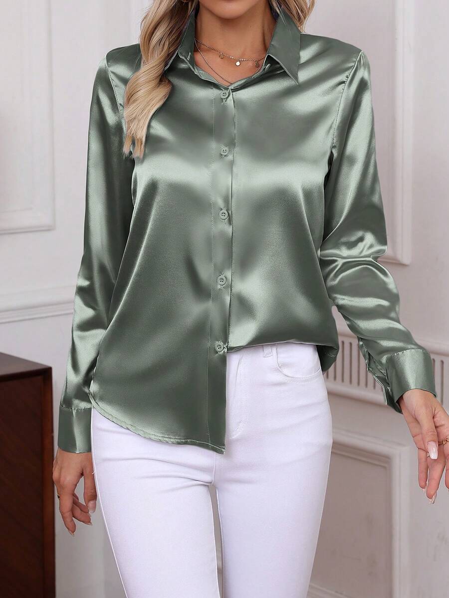 Como Satin Button Up Long Sleeve Blouse