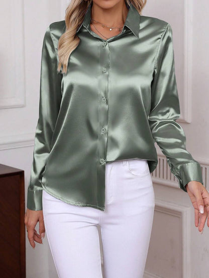 Como Satin Button Up Long Sleeve Blouse