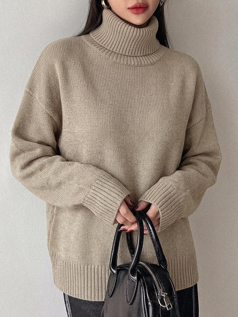 Lofoten Oversized Turtleneck Drop Shoulder Knit Sweater - Apricot