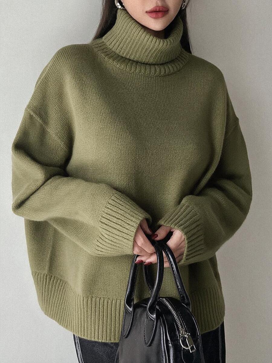 Lofoten Oversized Turtleneck Drop Shoulder Knit Sweater - Army Green