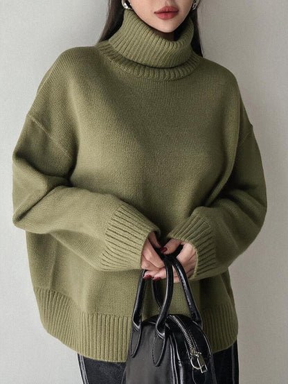 Lofoten Oversized Turtleneck Drop Shoulder Knit Sweater - Army Green