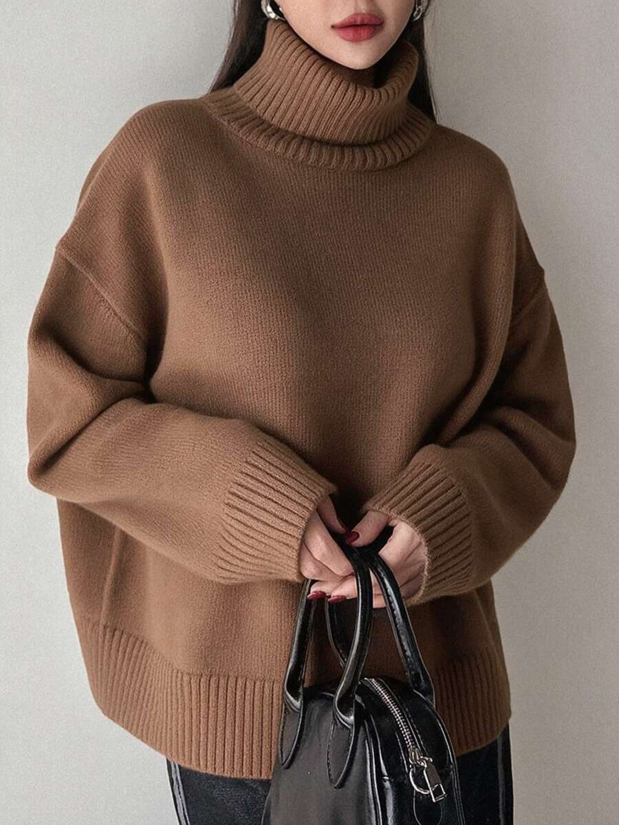 Lofoten Oversized Turtleneck Drop Shoulder Knit Sweater - Coffee Brown