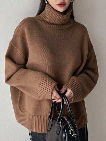 Lofoten Oversized Turtleneck Drop Shoulder Knit Sweater - Coffee Brown